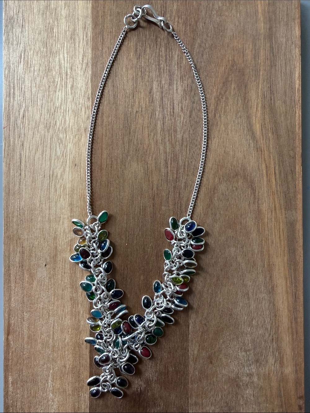 Stamped 925 Sterling Silver multi glass stone bezel dangle statement necklace